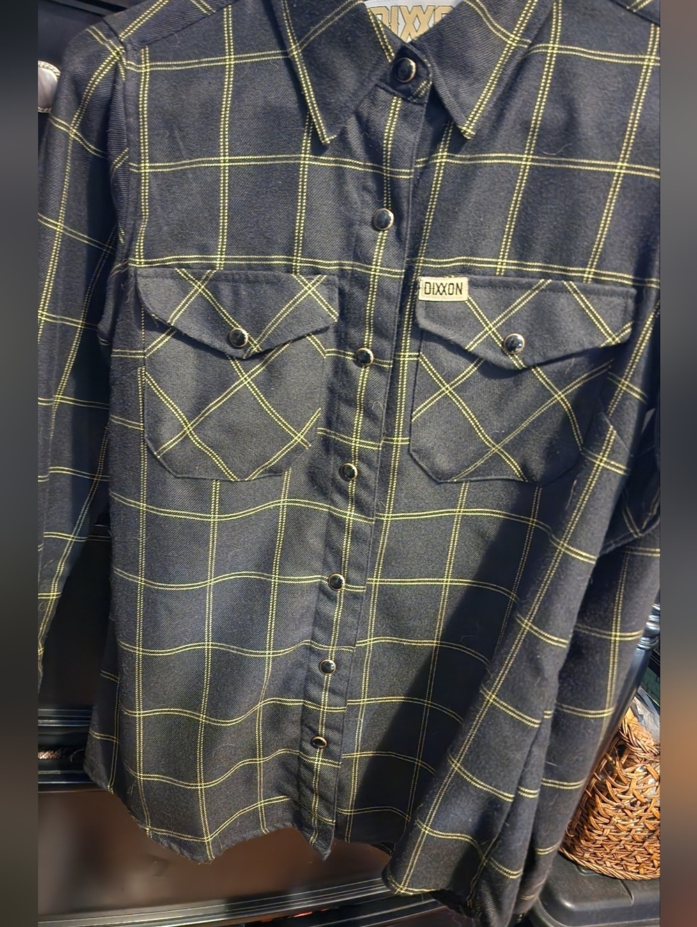 DIXXON Stay Gold Black Snap Front Flannel Shirt Womens Size Medium.